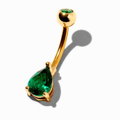 Gold 14G Emerald Teardrop Crystal Belly Bar