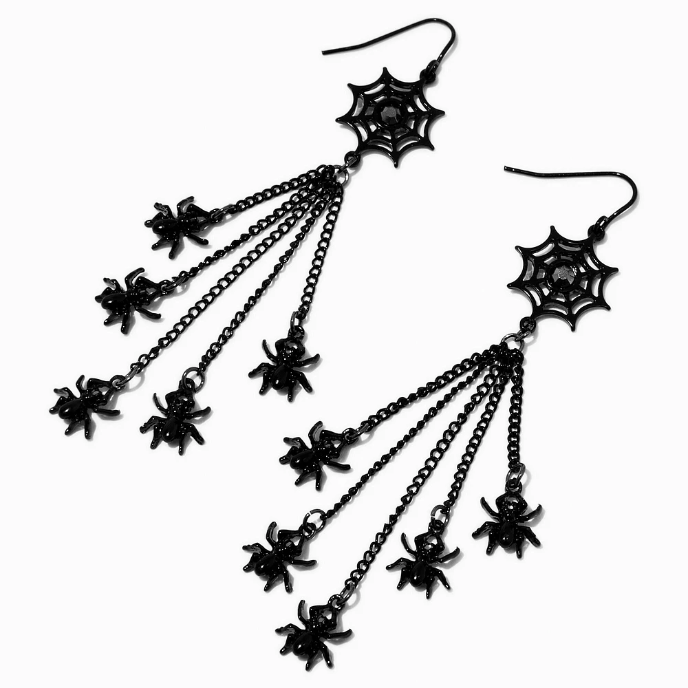 Black Spider & Web Linear Fringe 4" Drop Earrings