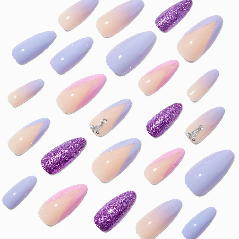 Monochrome Purple Tips Bling Almond Vegan Faux Nail Set - 24 Pack