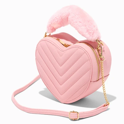 Faux Fur Handle Quilted Pink Heart Crossbody Bag