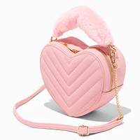 Faux Fur Handle Quilted Pink Heart Crossbody Bag