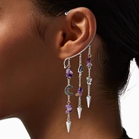 Silver-tone Purple Crystal Mushroom Hanging Ear Cuff