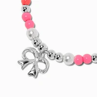 Silver-tone Bow Pink Beaded Adjustable Bracelet