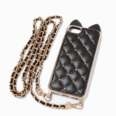 Black Cat Quilted Phone Case with Lanyard