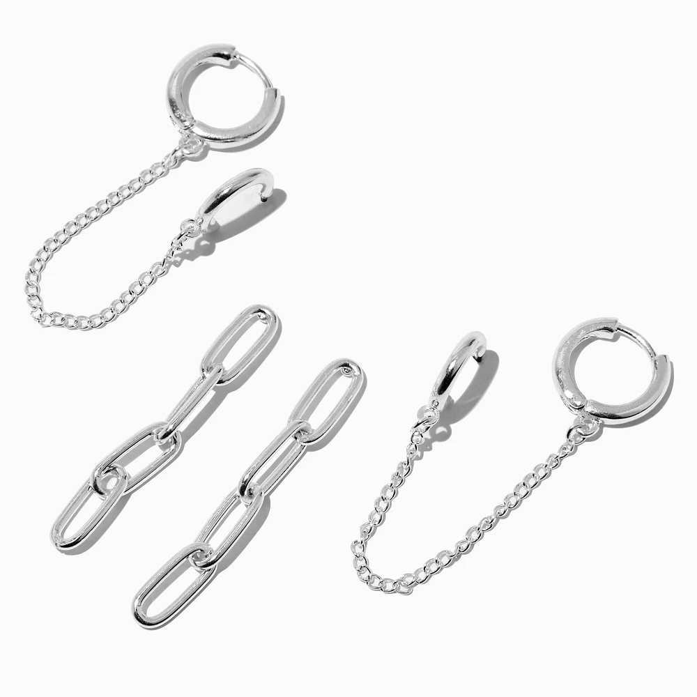 Silver-tone Paper Clip Chain Connector Earring Set - 3 Pack