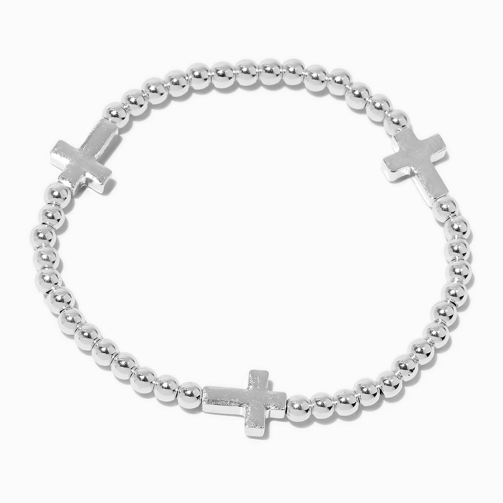 Silver-tone Cross Beaded Stretch Bracelet