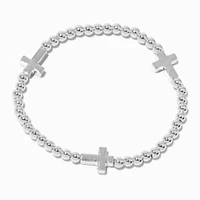 Silver-tone Cross Beaded Stretch Bracelet