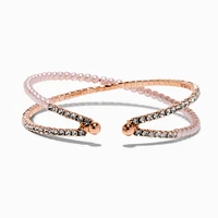 Rose Gold-tone Crystal Blush Pink Pearl Criss Cross Cuff Bracelet