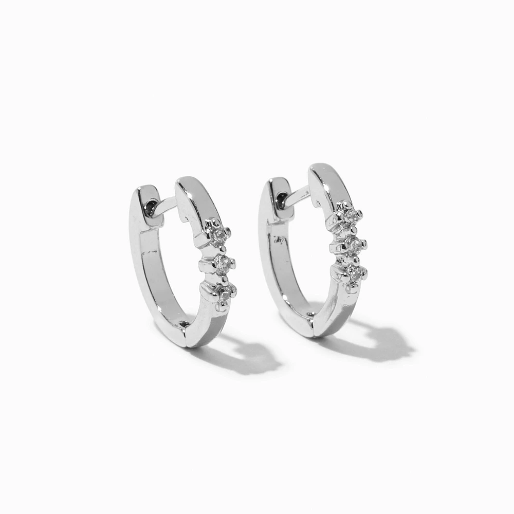 Silver-tone Cubic Zirconia Three-Stone 10mm Huggie Hoop Earrings