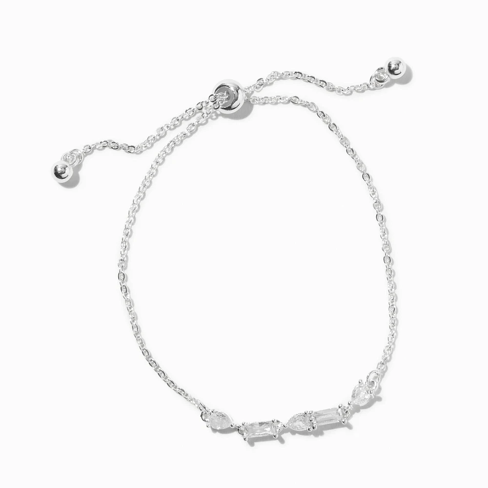 Silver-tone Cubic Zirconia Mixed Geometric Bolo Bracelet