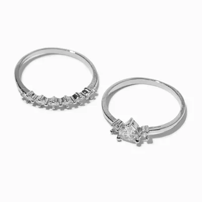 Silver-tone Cubic Zirconia Heart Rings - 2 Pack