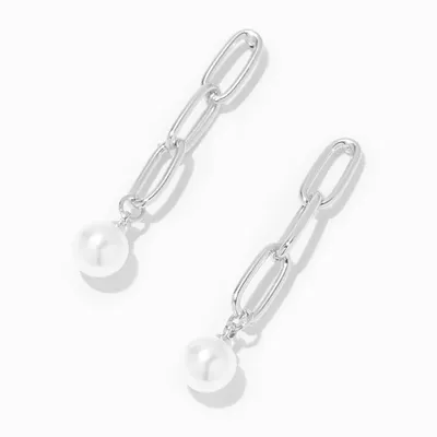 Pearl & Silver Chain 2" Drop Earrings