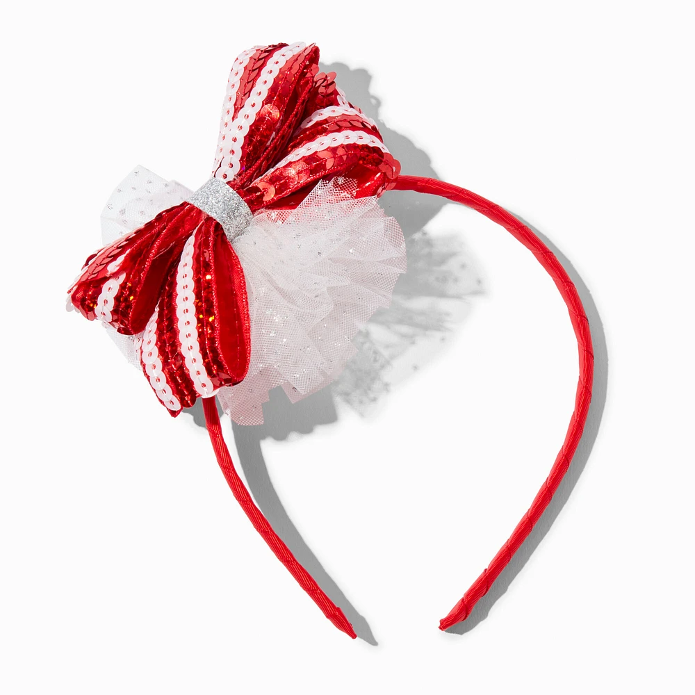 Candy Cane Striped Bow & Tulle Christmas Headband