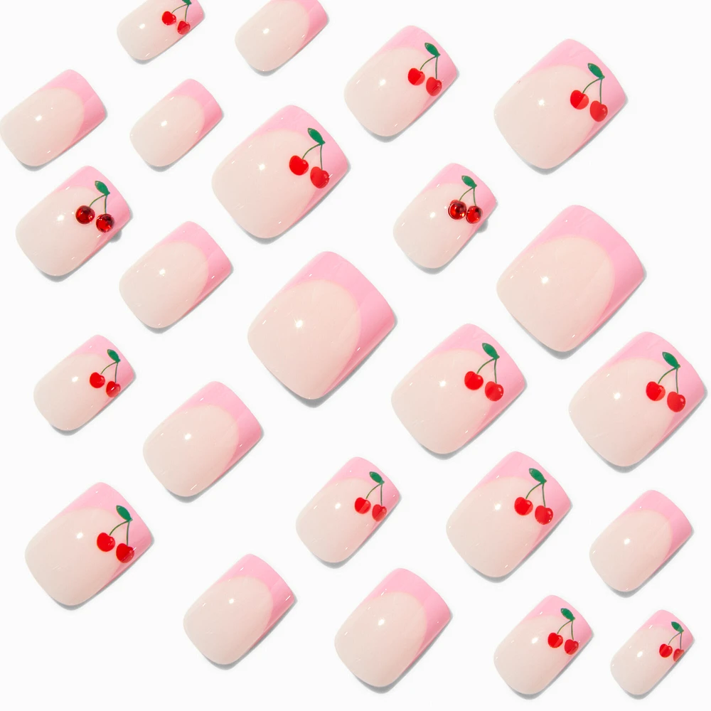 Pink French Tip Cherry Gem Square Vegan Faux Nail Set - 24 Pack