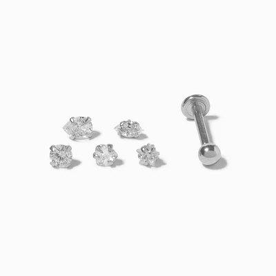 Silver-tone Multi Cubic Zirconia Changeable 16G Tragus Flat Back Earrings - 6 Pack