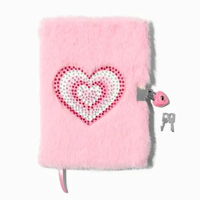 Bling Heart Pink Furry Lock Diary