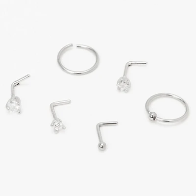 20G Silver-tone Stainless Steel Star Heart Mixed Nose Rings - 6 Pack