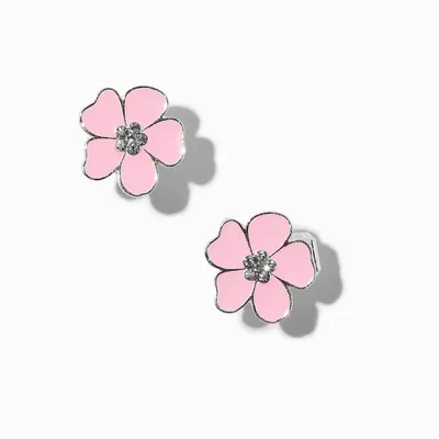 Pink Flower Clip-On Stud Earrings