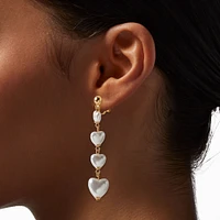 Gold-tone Puffy Heart Pearl Linear Clip-On Earrings