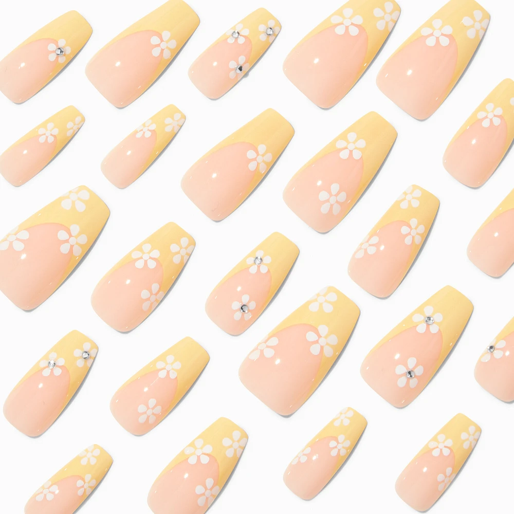 White Daisy Yellow French Tip Squareletto Vegan Faux Nail Set - 24 Pack