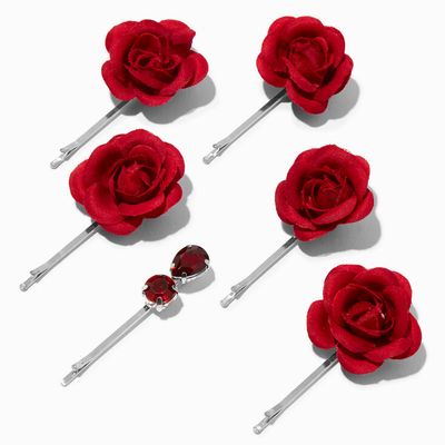 Red Rose & Gemstone Hair Pins - 6 Pack