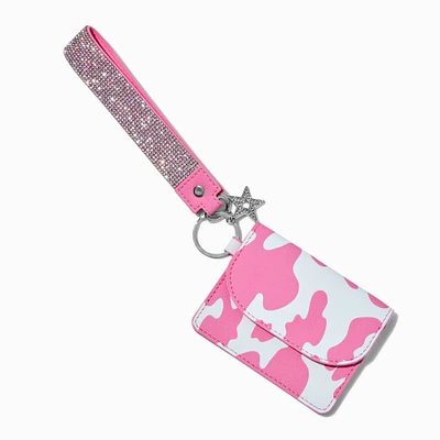 Rhinestone Wristlet With Pink Cow Print Mini Snap Wallet