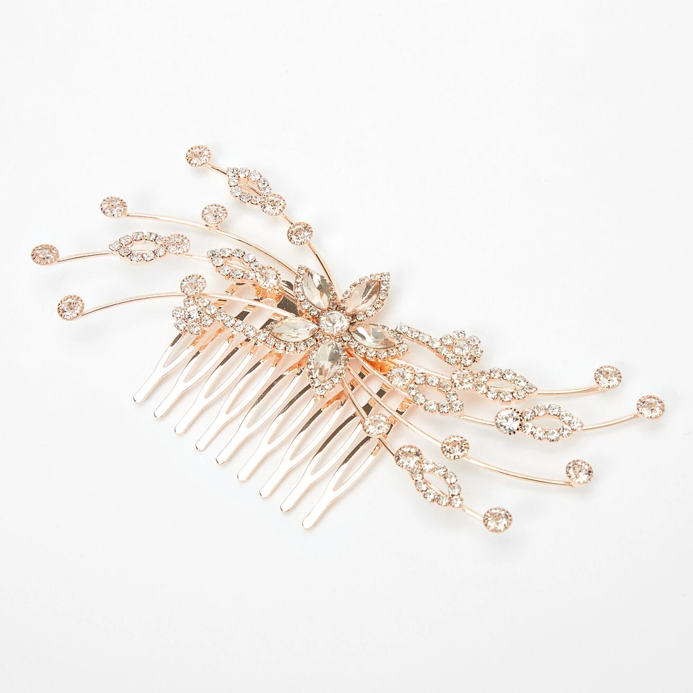 Rose Gold Rhinestone Flowers & Vines Hair Comb