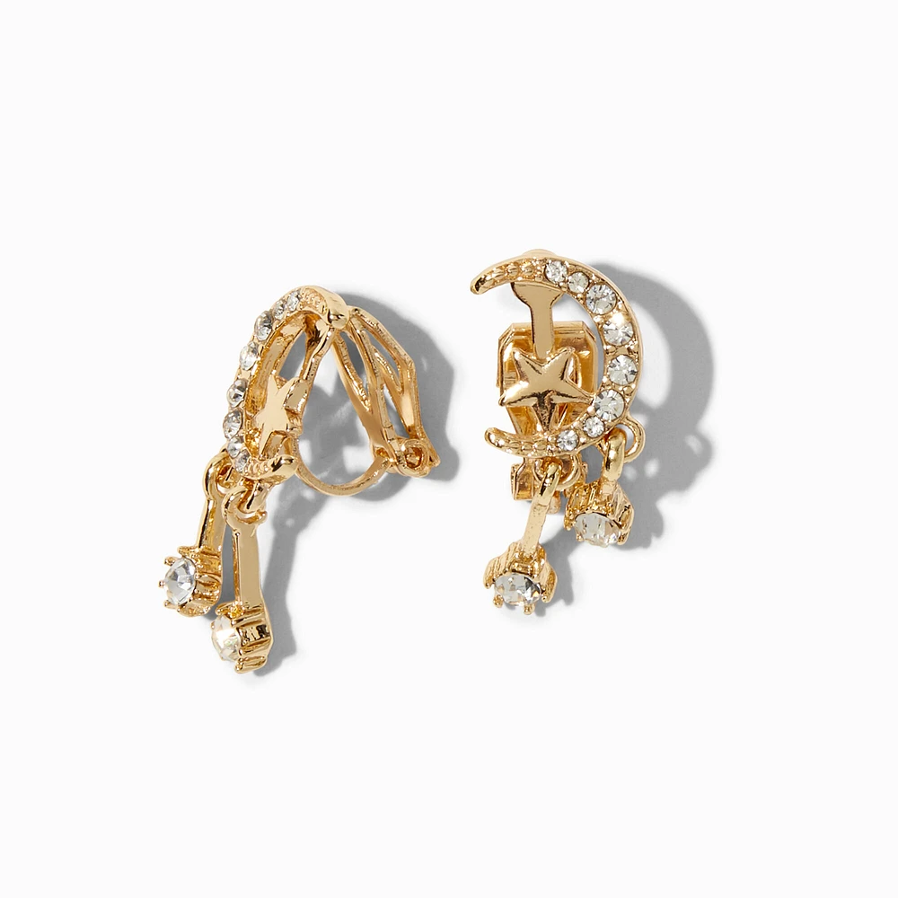 Gold 1" Crescent Moon Star Clip-On Earrings