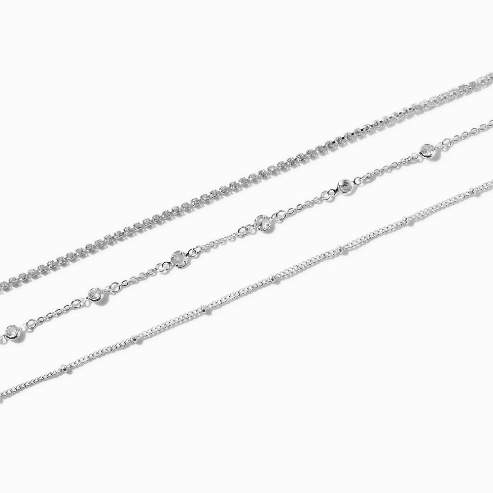 Silver-tone Cubic Zirconia Confetti Chain Bracelets- 3 Pack