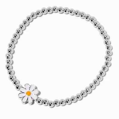 Daisy Charm Silver-tone Shot Bead Stretch Bracelet