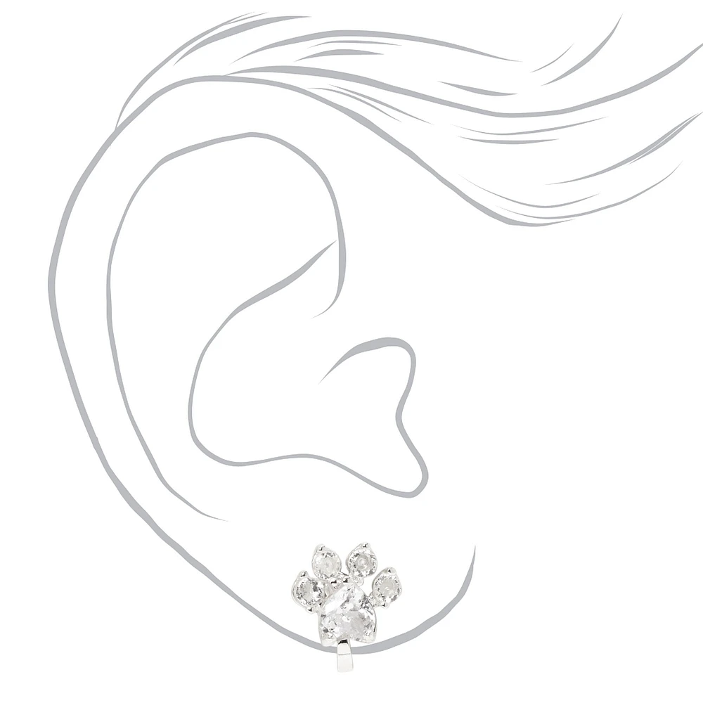 Silver-tone Cubic Zirconia 10mm Paw Print Clip-On Earrings