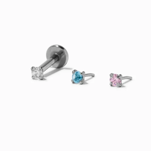 Mixed Metal 16G Crystal Cartilage Stud Flat Back Earrings - 3 Pack