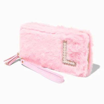 Pink Furry Pearl Initial Wristlet Wallet