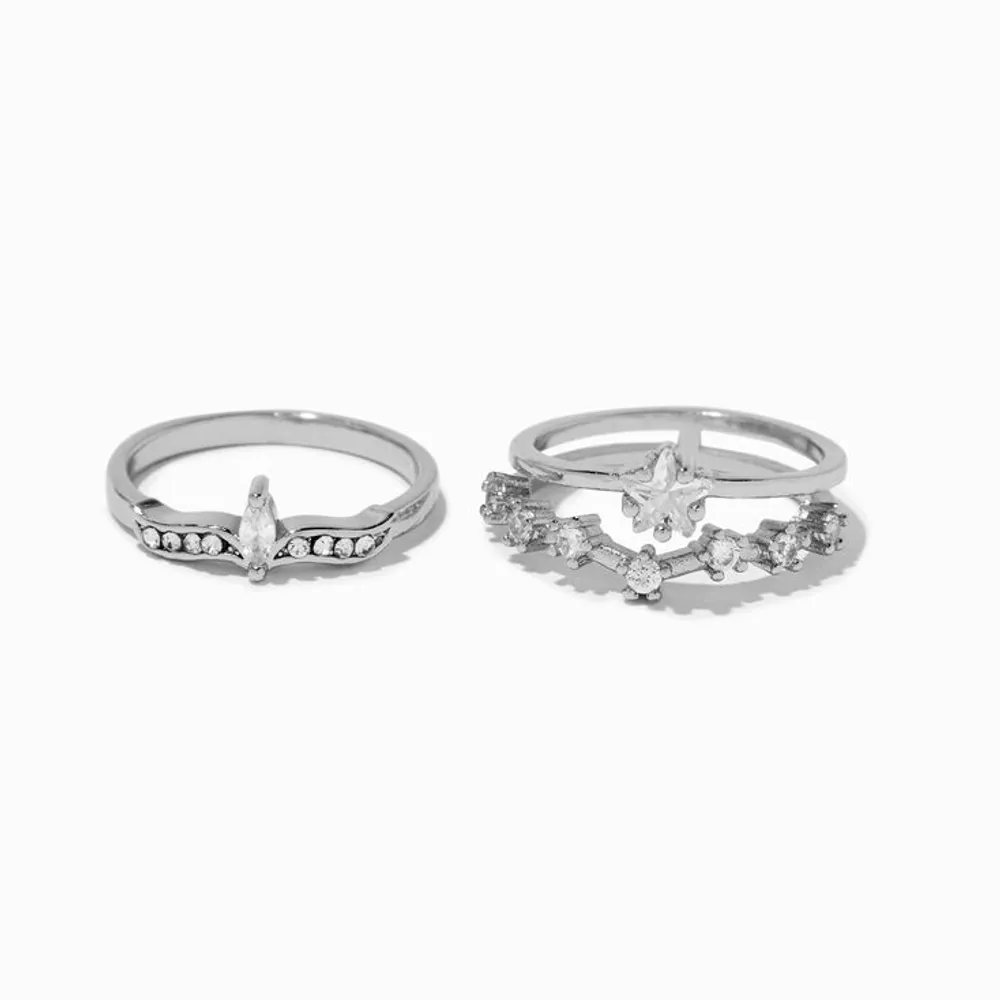Silver-tone Cubic Zirconia Celestial Ring Stack - 2 Pack