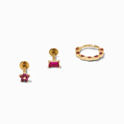 Gold 16G Pink Flower & Baguette Helix Earrings - 3 Pack