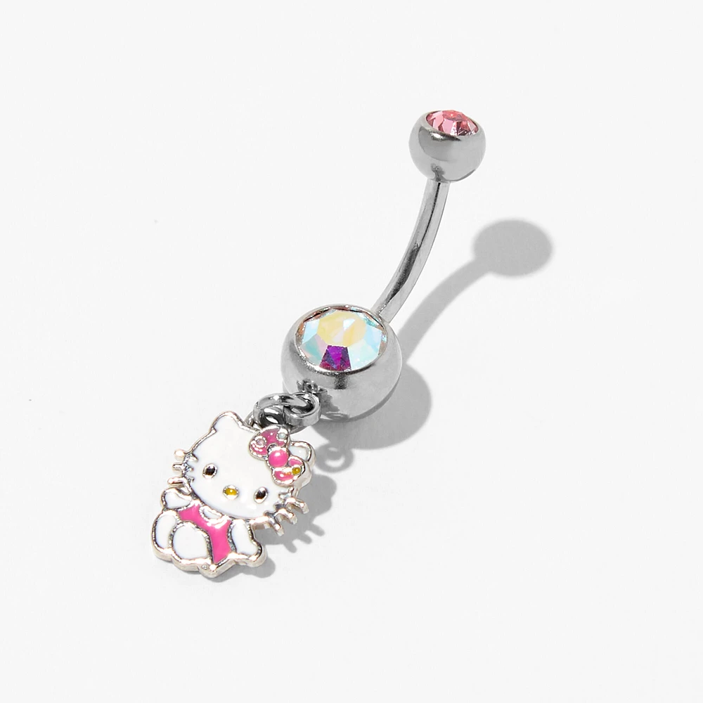 Hello Kitty® Silver-tone Stainless Steel Iridescent Crystal Charm 14G Belly Bar