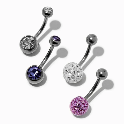 Silver-tone Purple Fireball 14G Belly Bars - 4 Pack