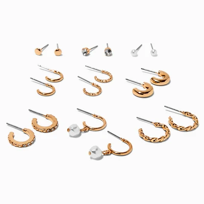 Gold-tone Mixed Textured Hoop & Stud Earrings - 9 Pack