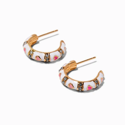 Pink & White Enamel Heart Gold-tone Half Hoop Earrings