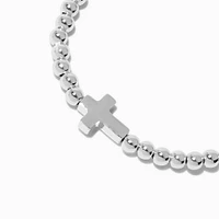 Silver-tone Cross Beaded Stretch Bracelet