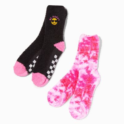 Be Happy & Pink Tie Dye Plush Slipper Socks - 2 Pack