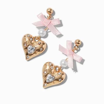 Gold-tone Crystal Heart Pink Bow Drop Earrings