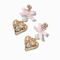 Gold-tone Crystal Heart Pink Bow Drop Earrings