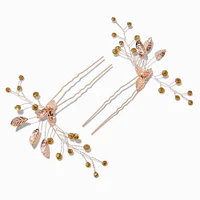 Rhinestone & Rose Gold-tone Leaf Spray Hair Pins - 2 Pack