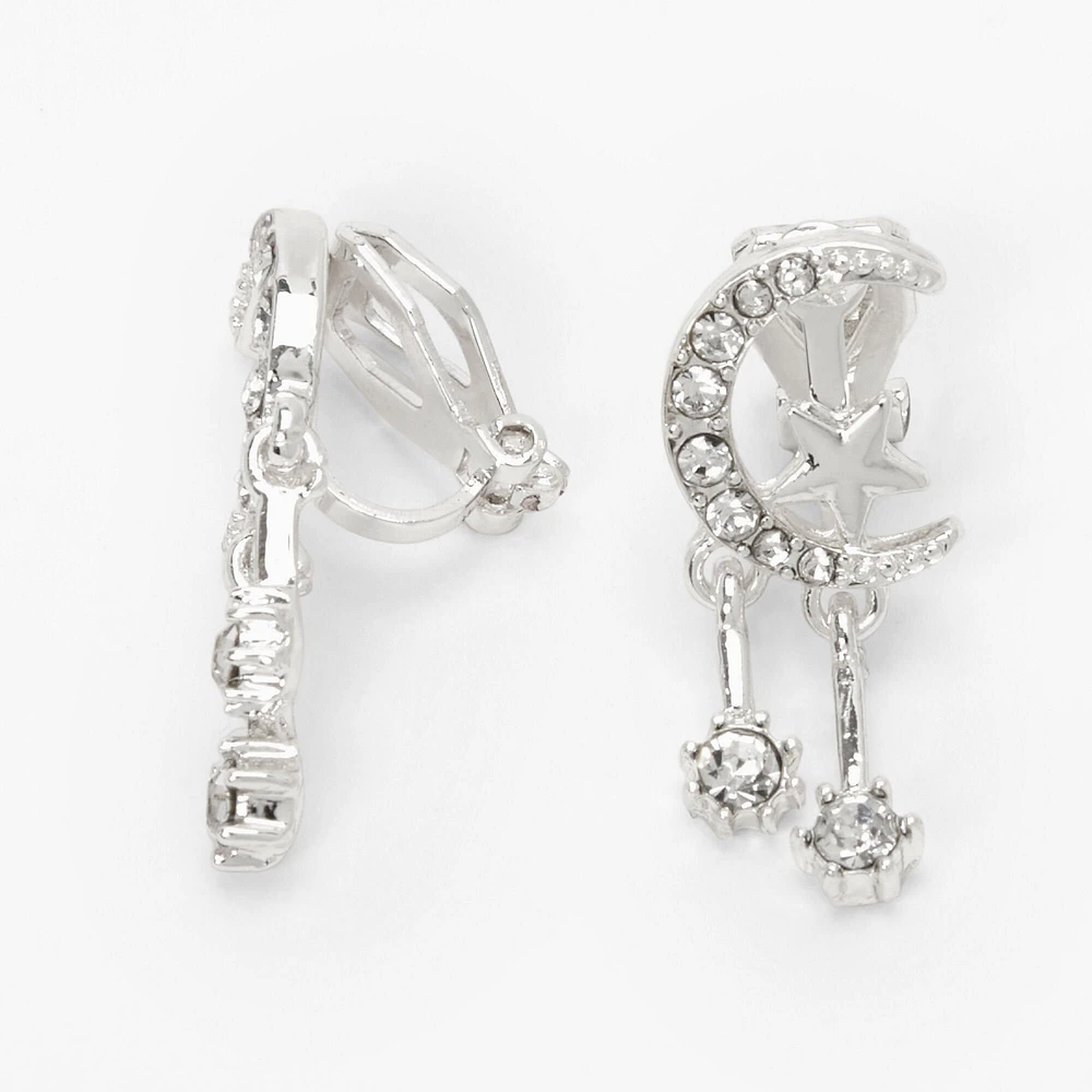 Silver-tone Cubic Zirconia Celestial Clip-On Earrings