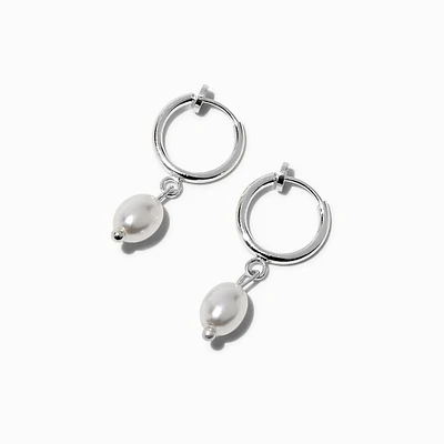 Silver-tone 10mm Pearl Clip-On Huggie Hoop Earrings