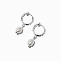 Silver-tone 10MM Pearl Clip-On Huggie Hoop Earrings