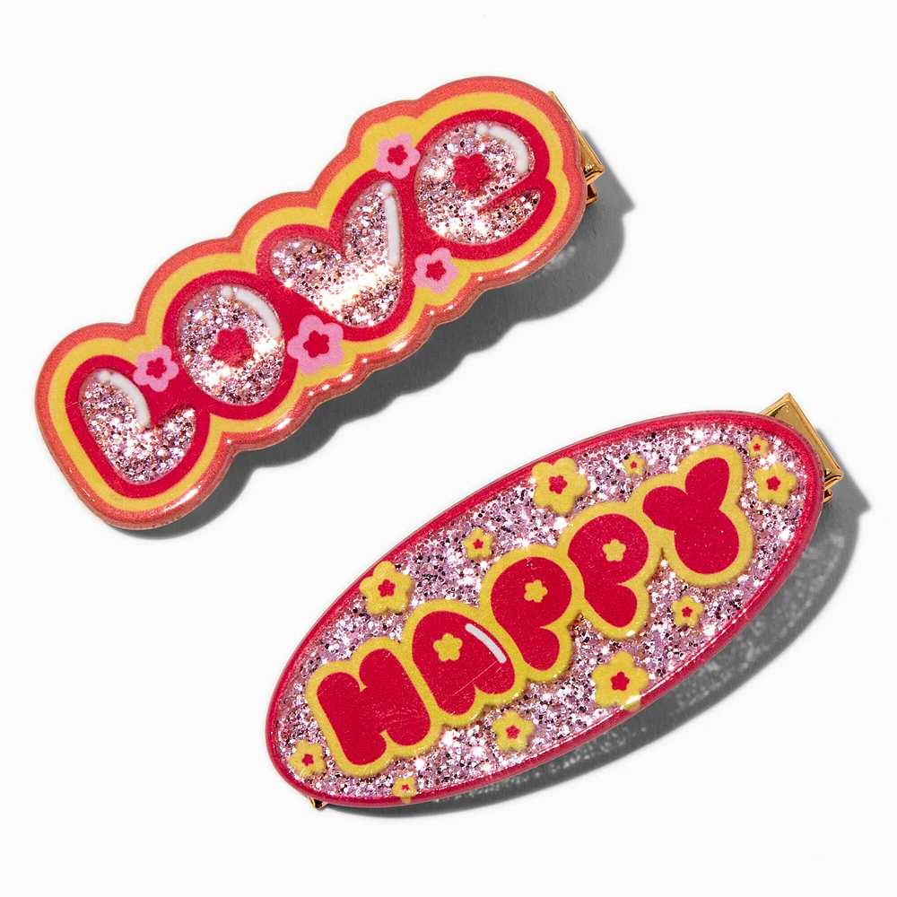 "Love" & "Happy" Glitter Affirmation Hair Clips - 2 Pack