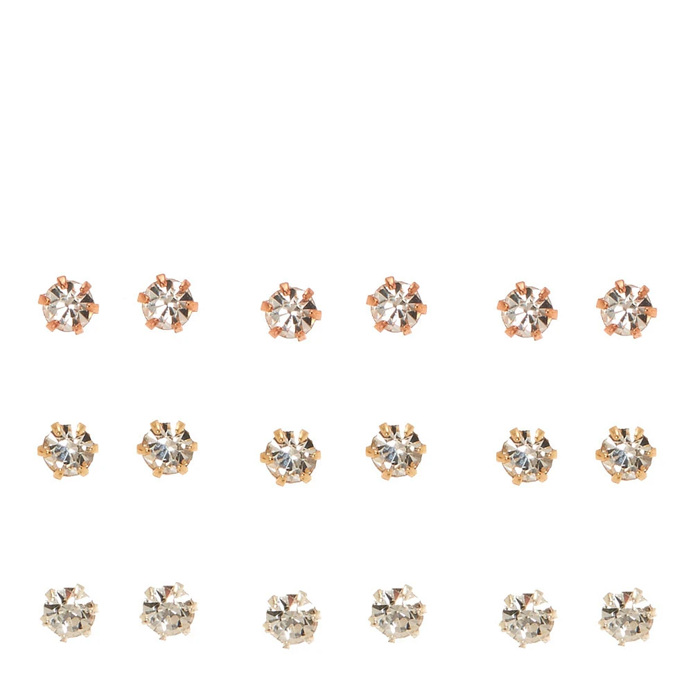 Mixed Metal 3mm Crystal Stud Earrings - 9 Pack