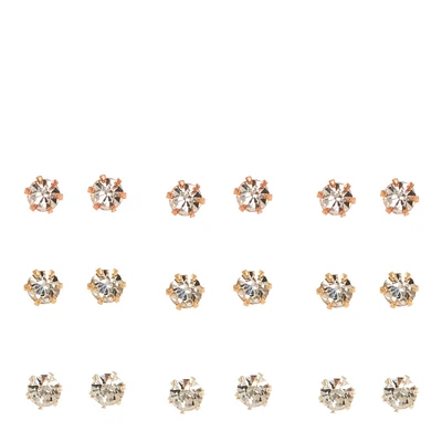 Mixed Metal 3MM Crystal Stud Earrings - 9 Pack